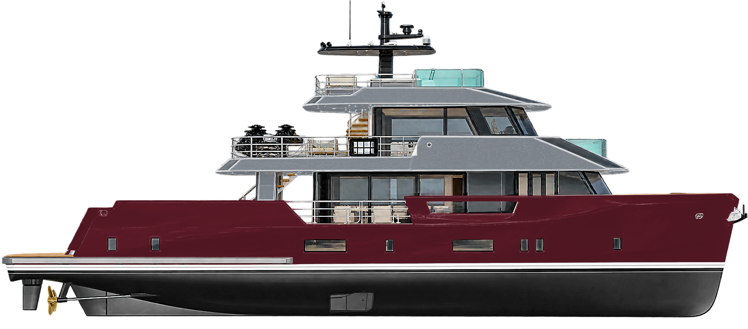 School’s Out, Roamer profile: burgundy hull, gunmetal superstructure.